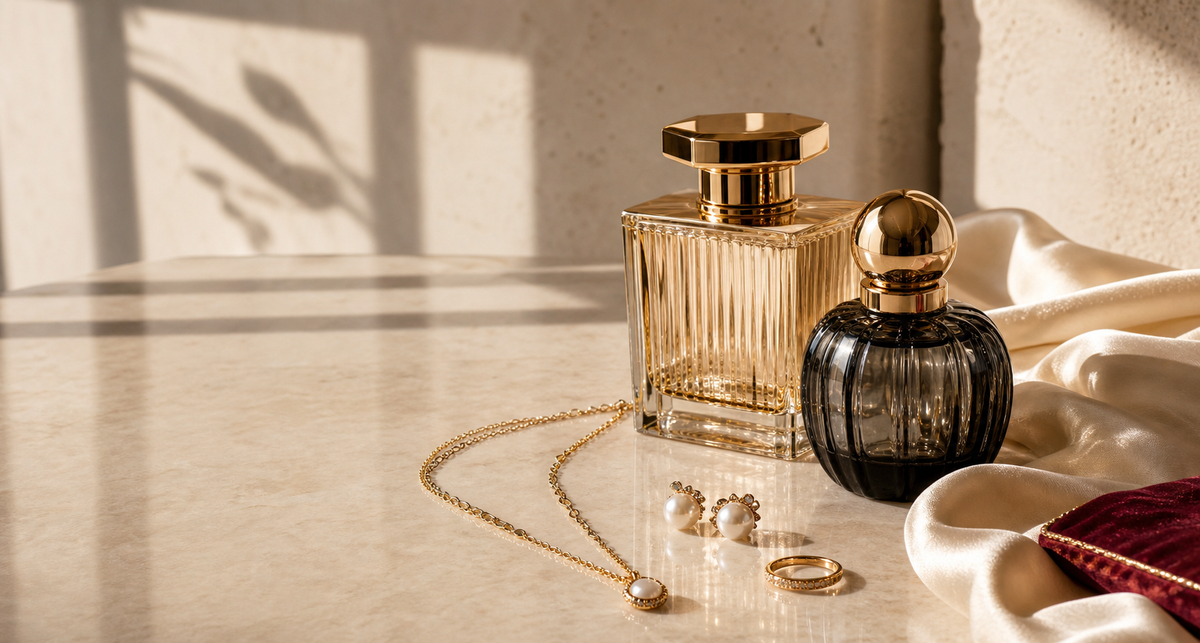 Luxury perfume bottles with jewelry on a polished stone surface